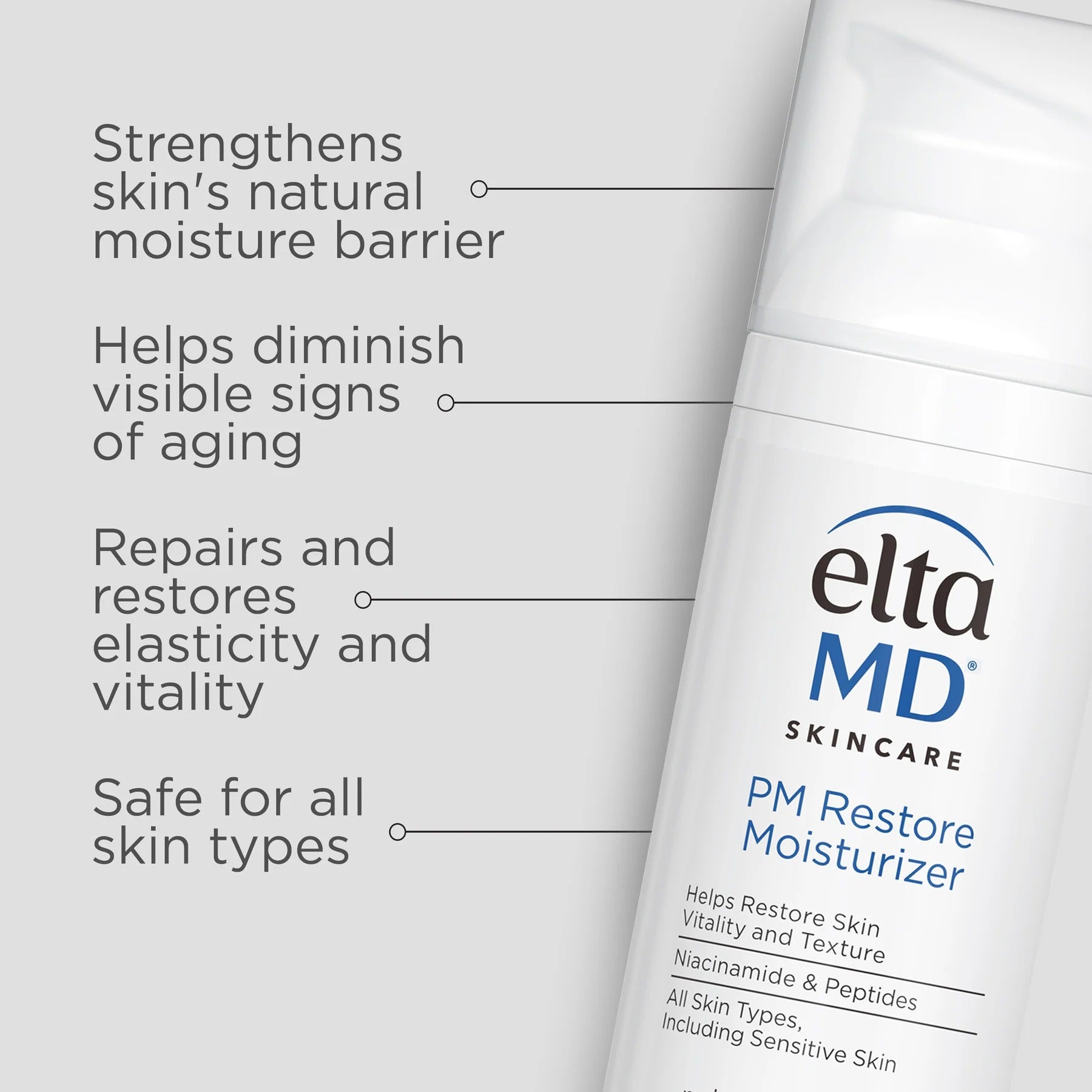Elta MD skincare product with text highlighting benefits on a white background