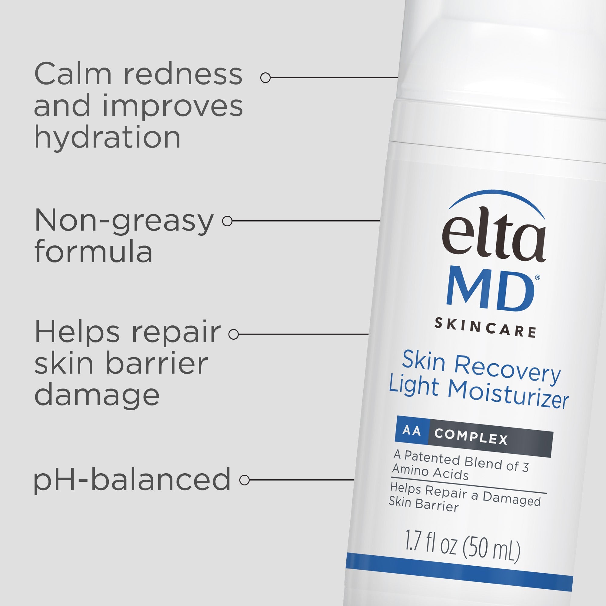 Eltma MD Skincare Skin Recovery Light Moisturizer bottle with text highlighting benefits on a white background
