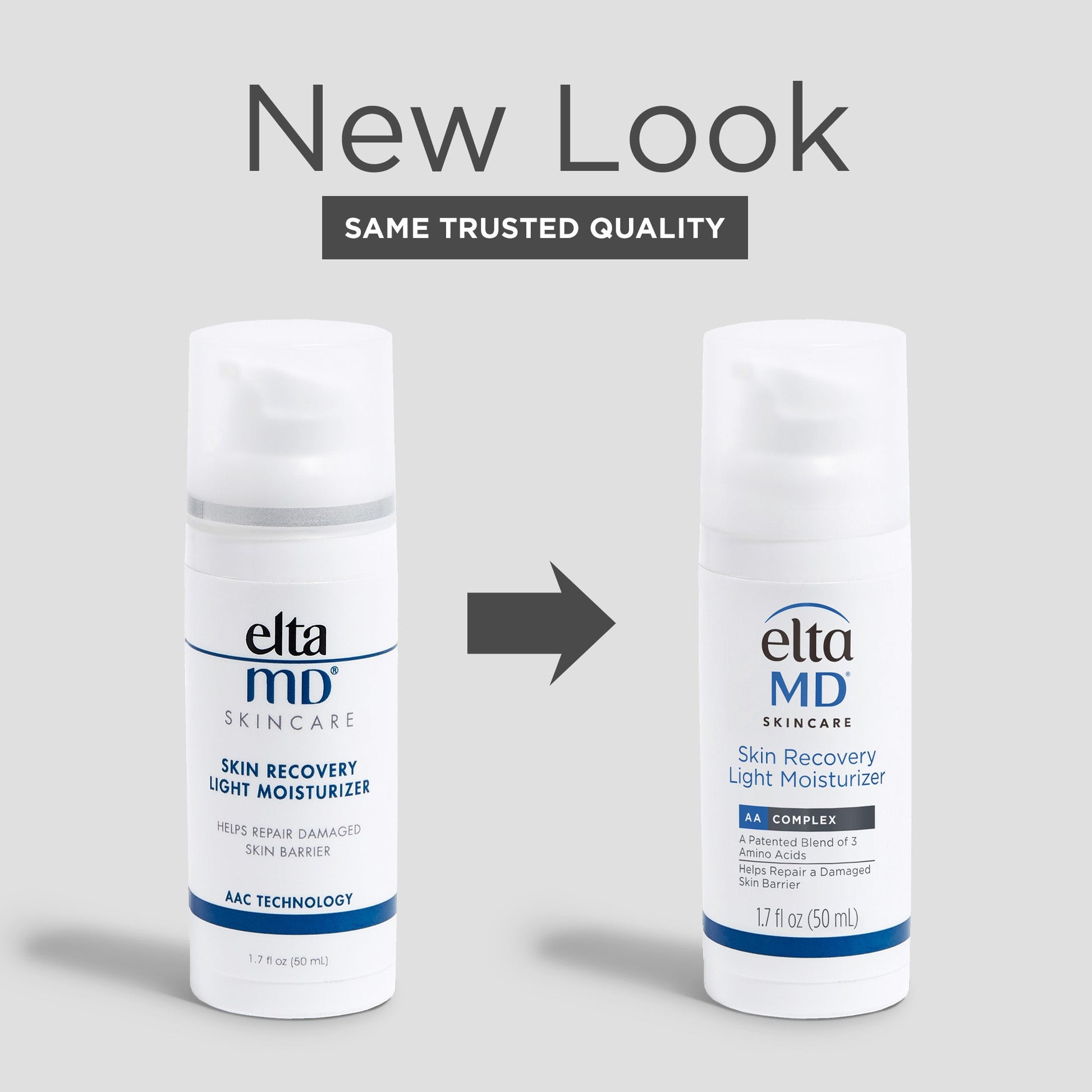 Two bottles of Elta MD skincare products with a 'New Look' text on a gray background.