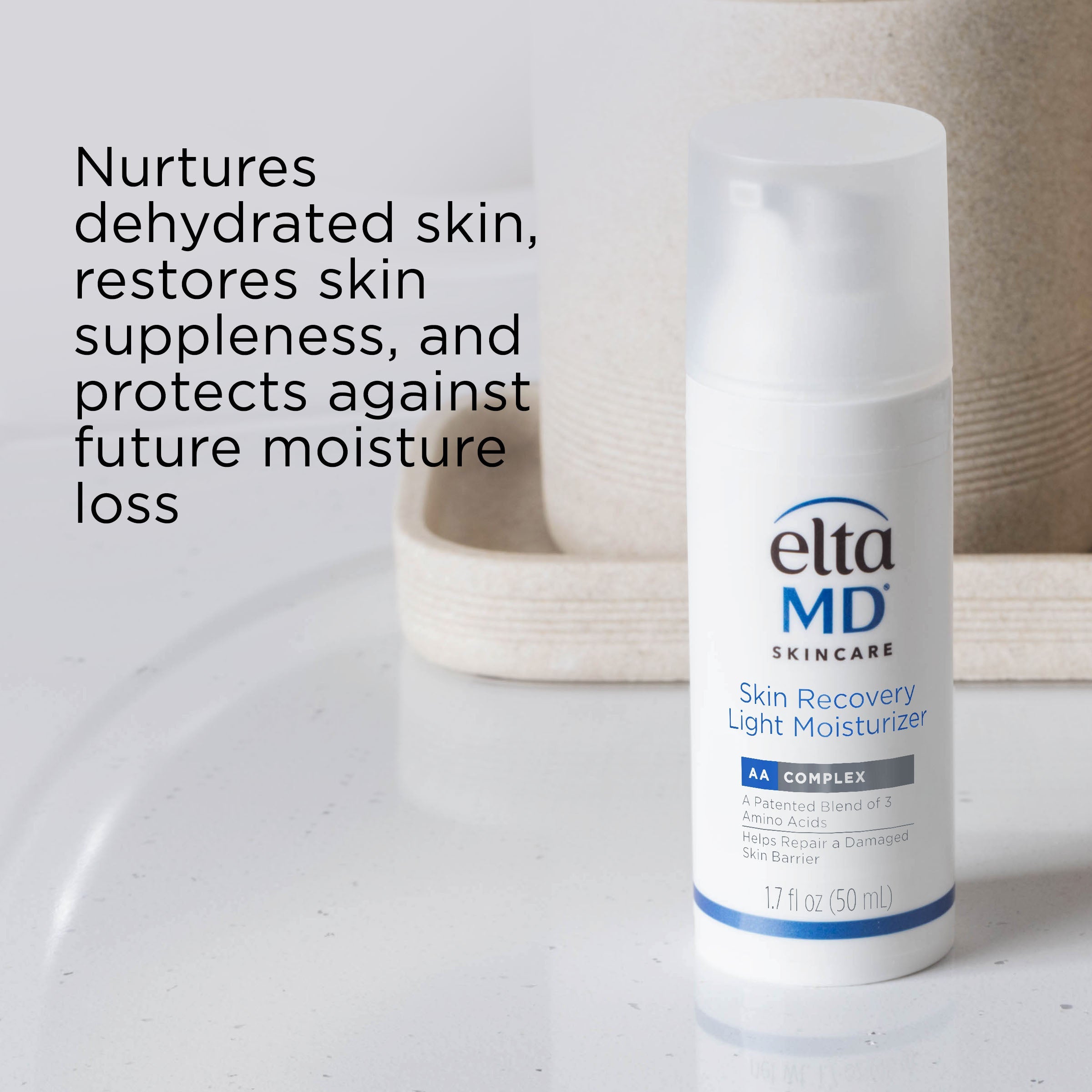 Eltma MD skincare moisturizer bottle on a bathroom counter with text about skin care benefits.