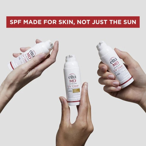 Multiple hands holding EltaMD UV Clear Tinted SPF 46 bottles with the tagline “SPF made for skin, not just the sun.”