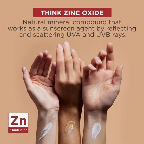 Hands showing sunscreen swatches highlighting zinc oxide mineral protection in EltaMD UV Clear Tinted SPF 46.
