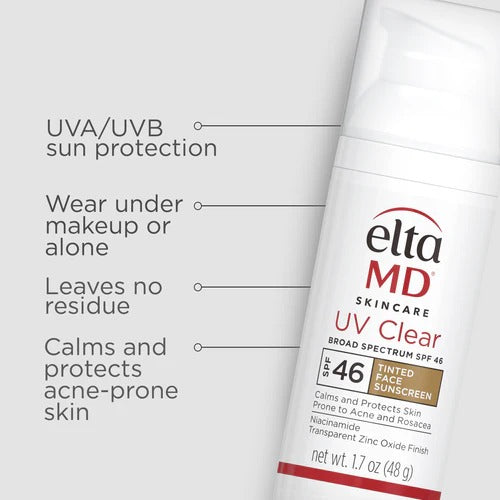 EltaMD UV Clear Tinted SPF 46 bottle with text listing benefits: UVA/UVB protection, no residue, acne-prone skin friendly.