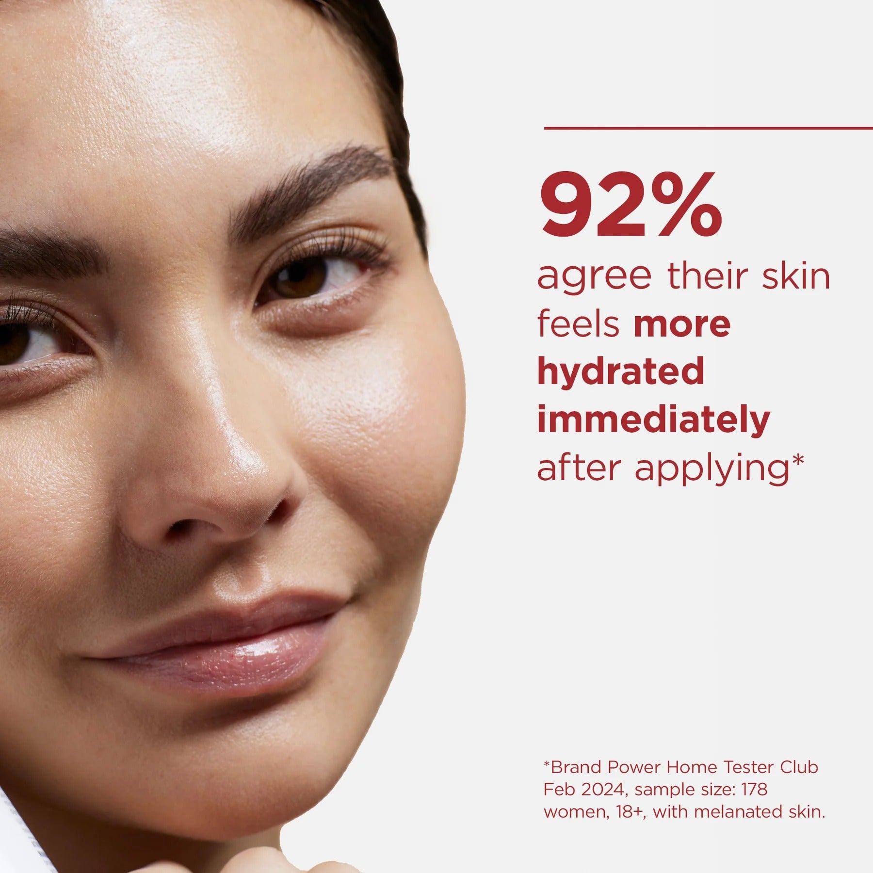 Woman's face with text indicating skin hydration improvement