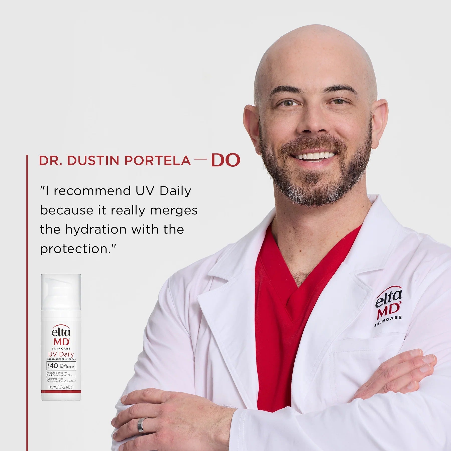 Dr. Dustin Portela in a white lab coat with elta MD product on a light gray background