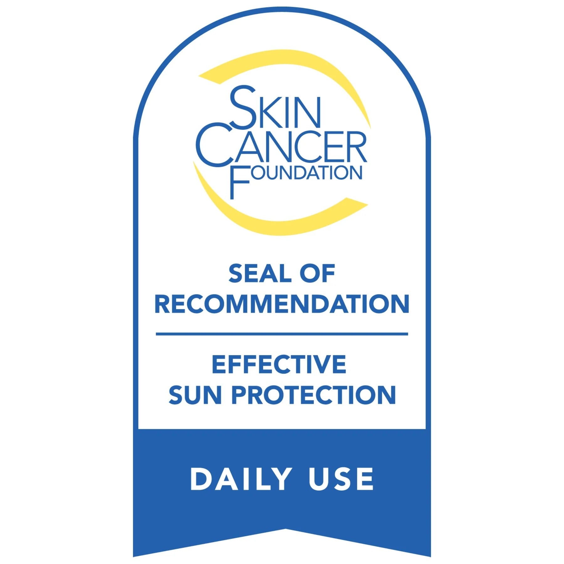 Skin Cancer Foundation Seal of Recommendation for effective sun protection daily use on a white background