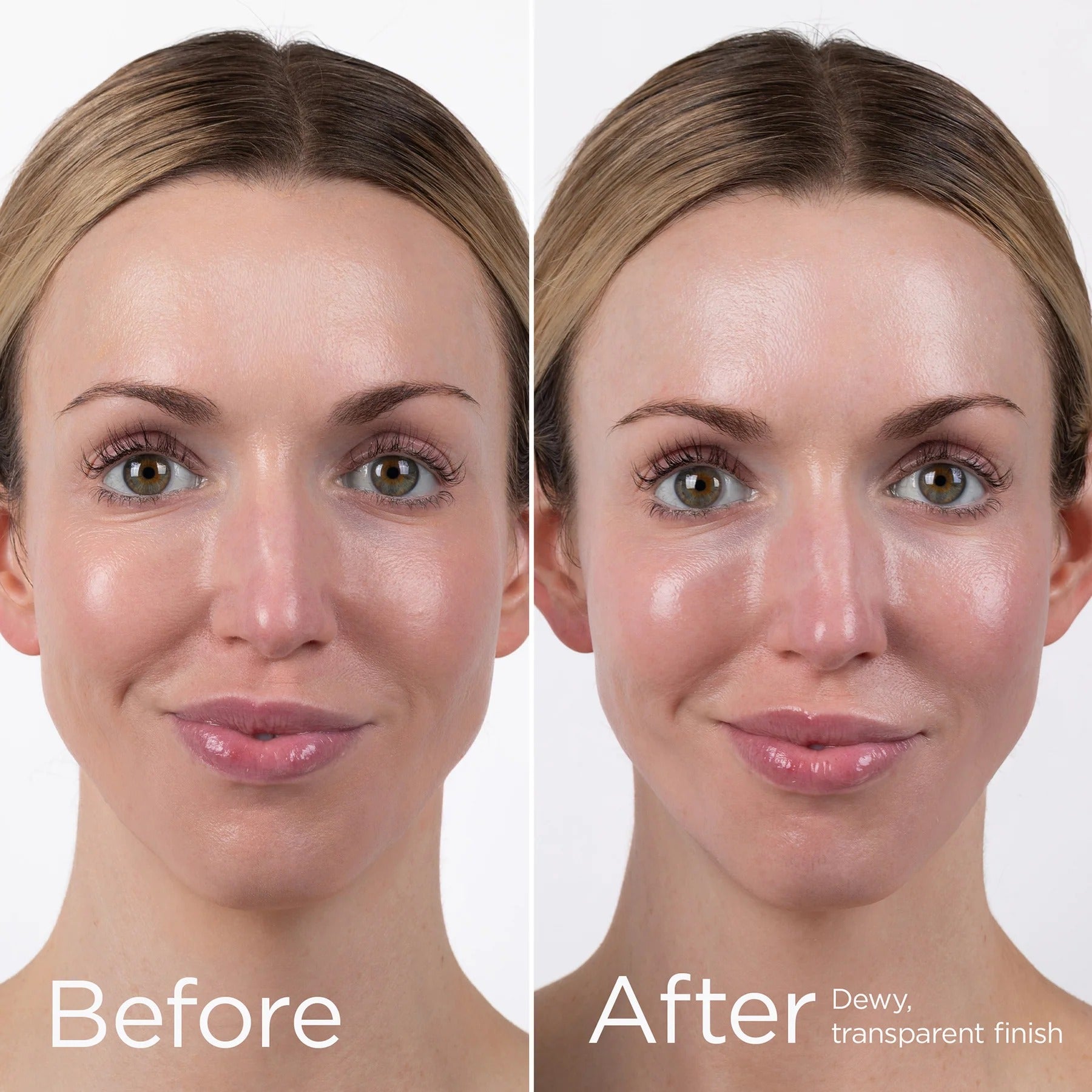Before and after comparison of a woman's face with a dewy, transparent finish.