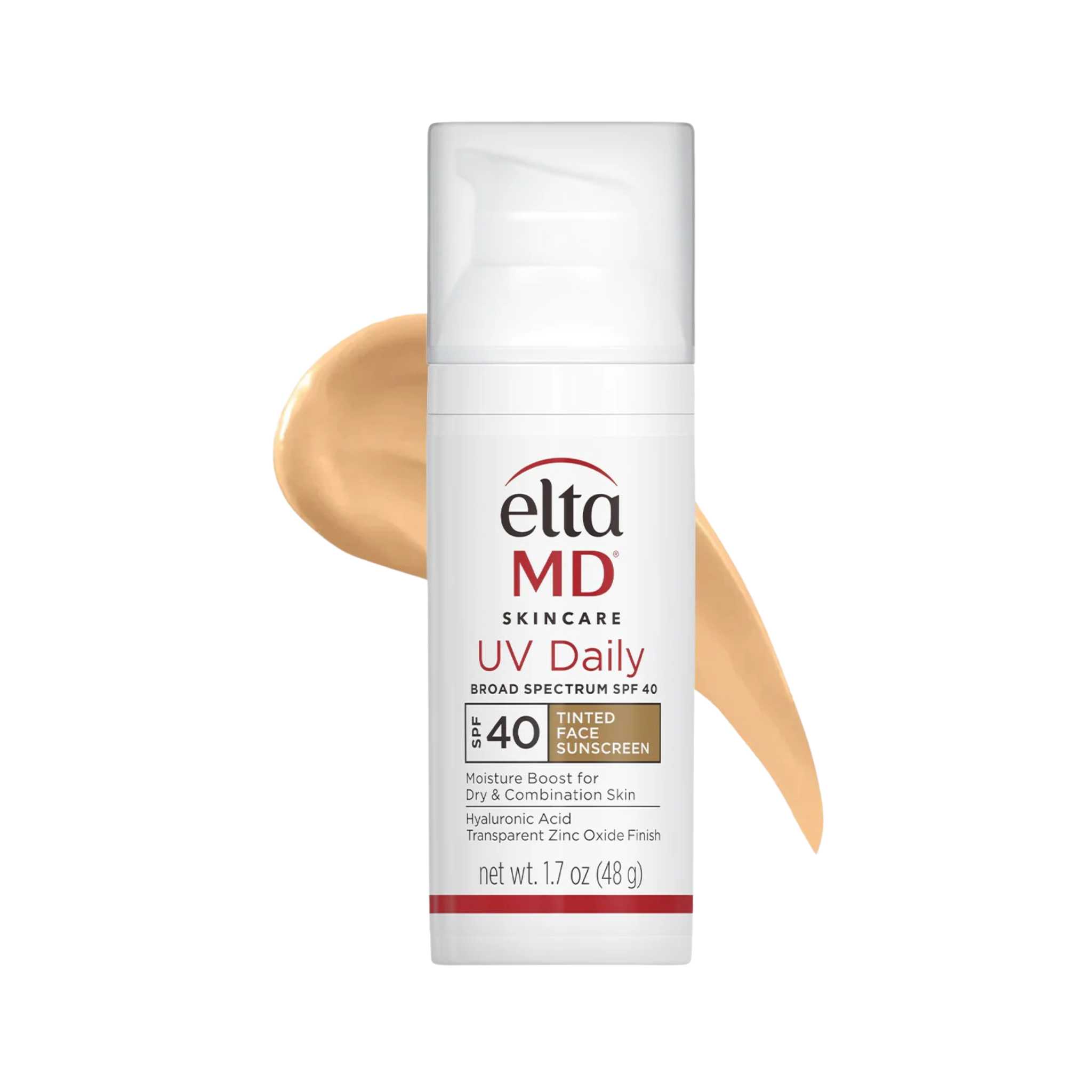 Eltma MD UV Daily Tinted Broad Spectrum SPF 40 sunscreen bottle with a swatch of beige color on a white background