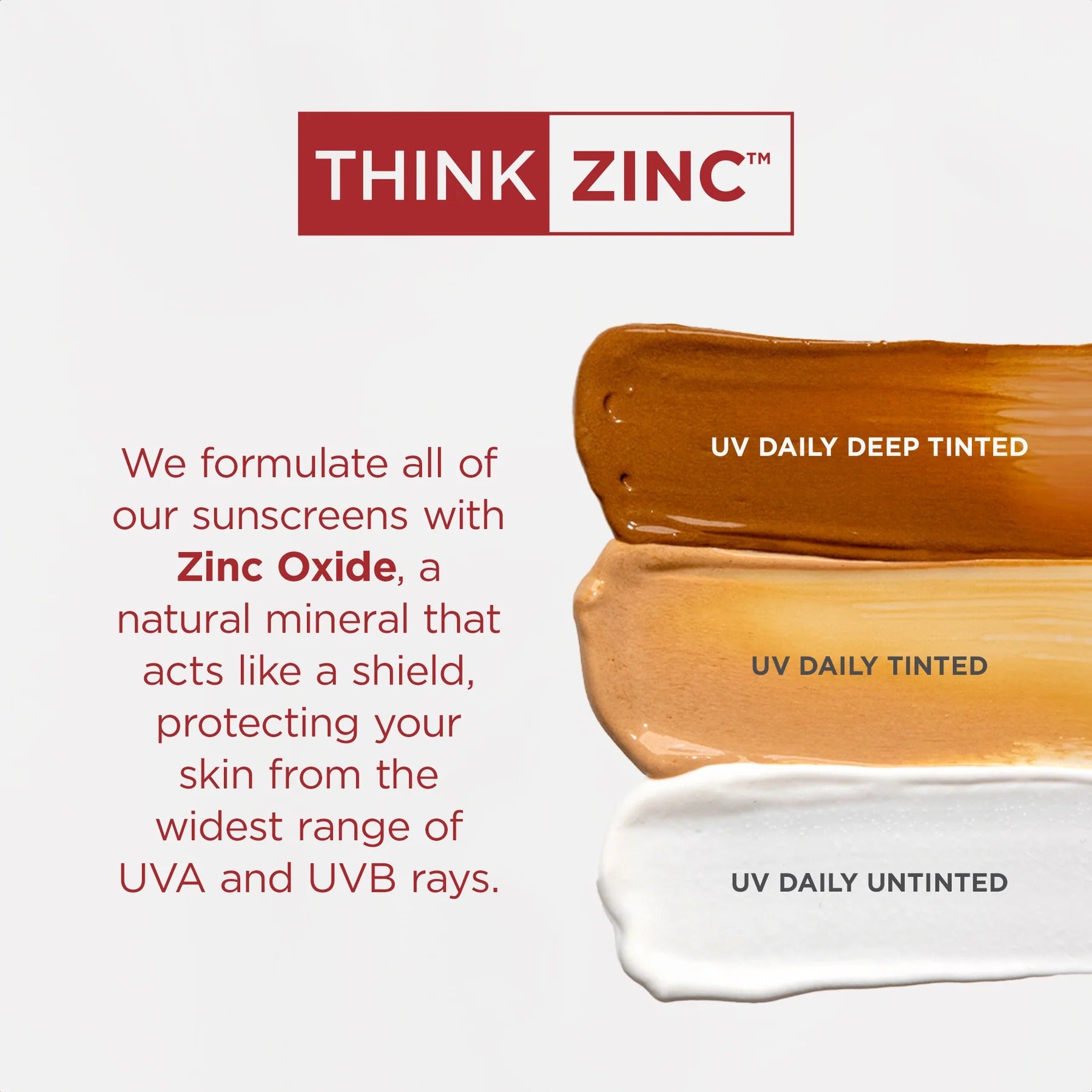 Think Zinc sunscreens with swatches of different shades on a white background