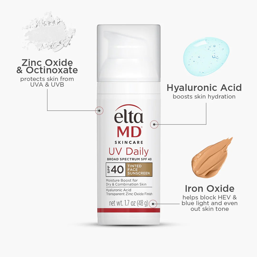 Eltma MD UV Daily Tinted Broad Spectrum SPF 40 sunscreen bottle with a swatch of beige color on a white background