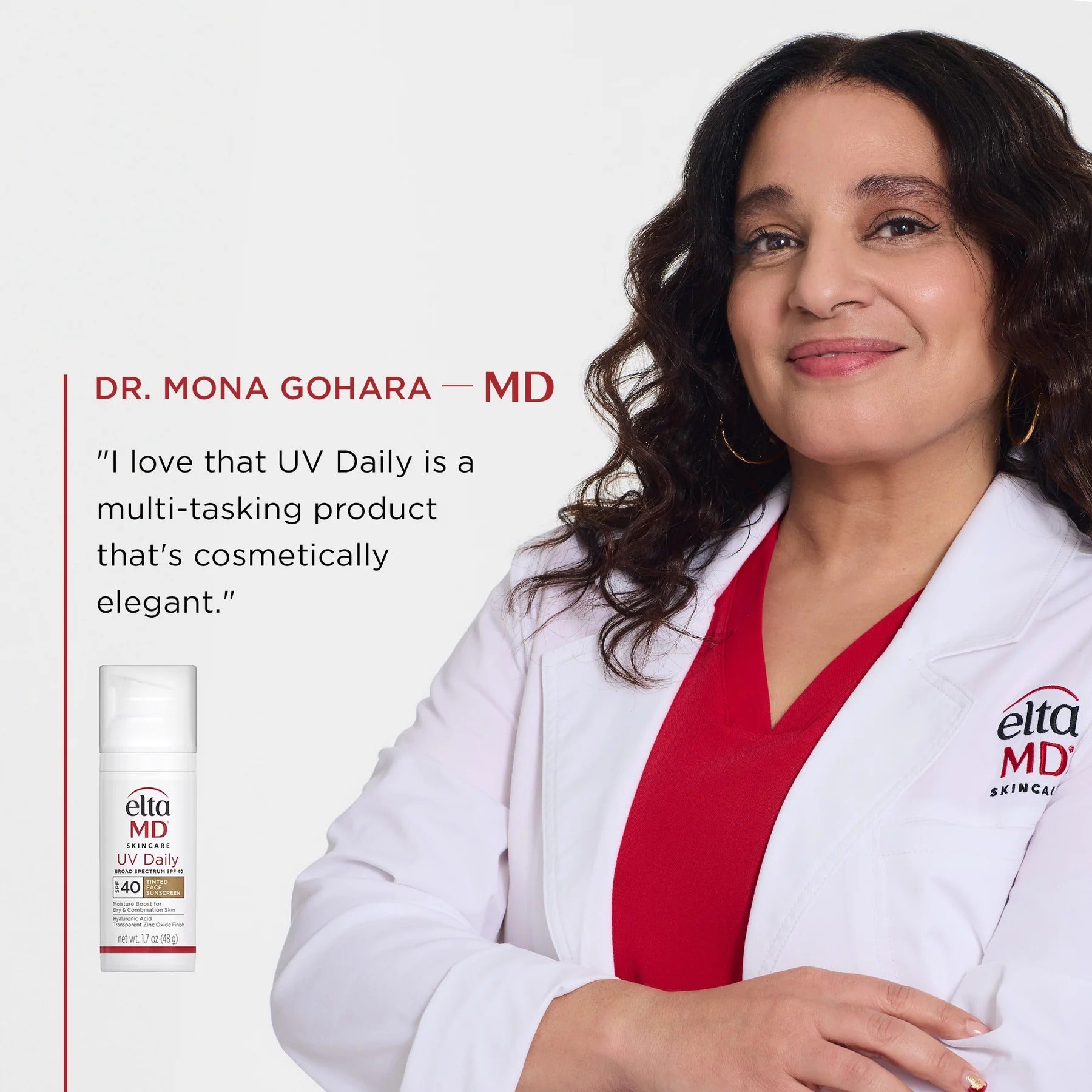 Woman in a white lab coat with 'elta MD' branding, holding a bottle of UV Daily product.
