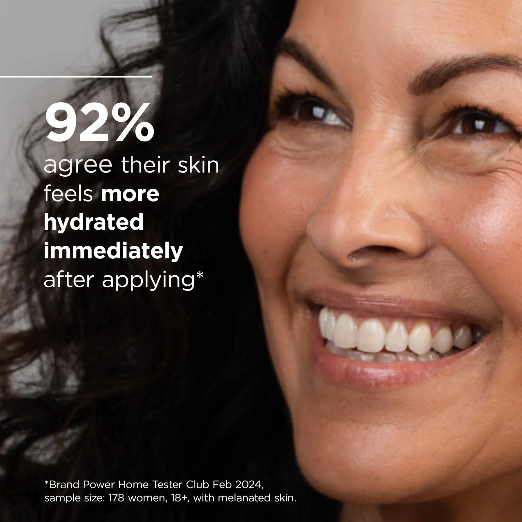 Woman with a smile, text indicating skin hydration improvement, and branding information.