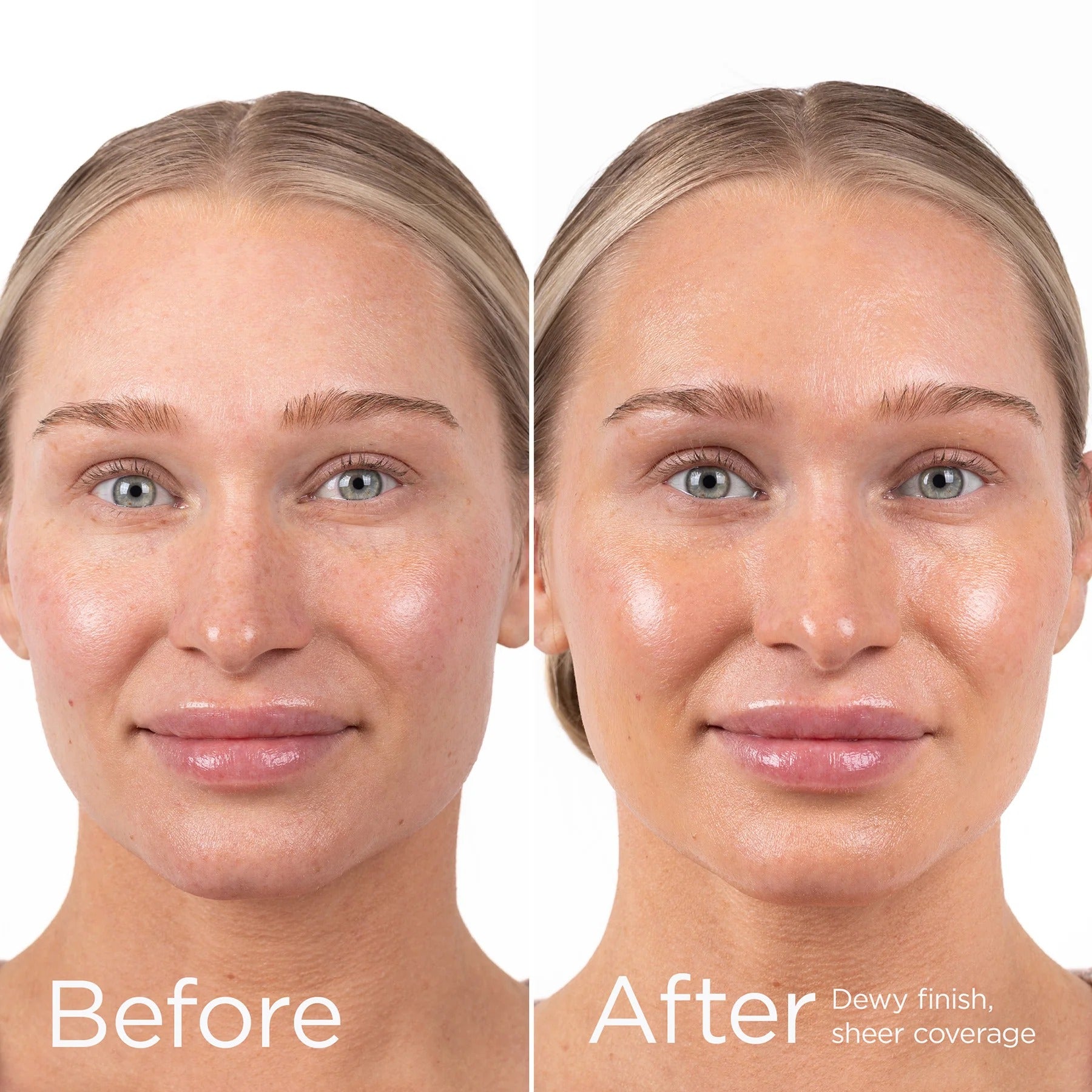 Before and after comparison of a woman's face with text indicating 'Dewy finish, sheer coverage'.