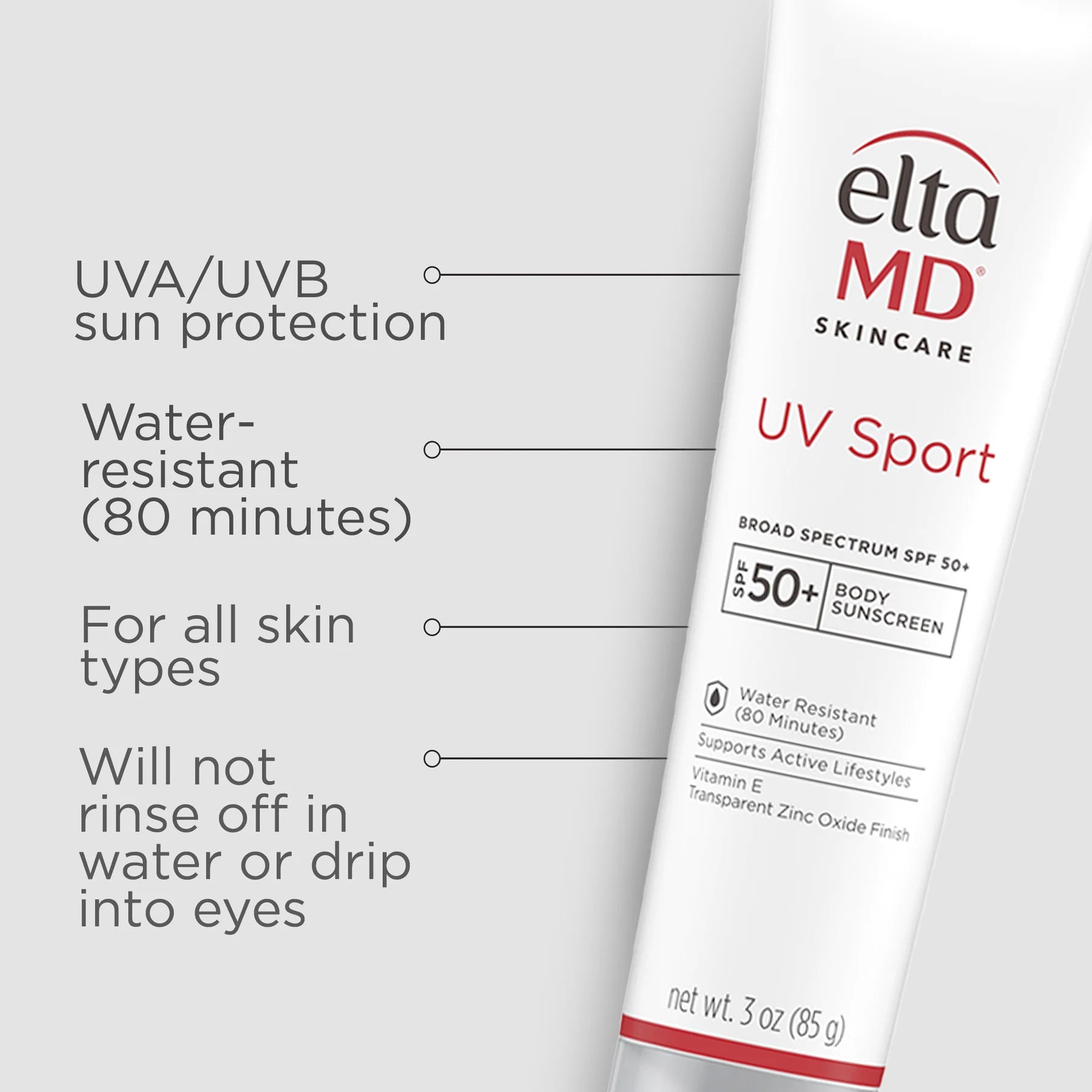 Eltma MD UV Sport sunscreen bottle with product features listed on a gray background