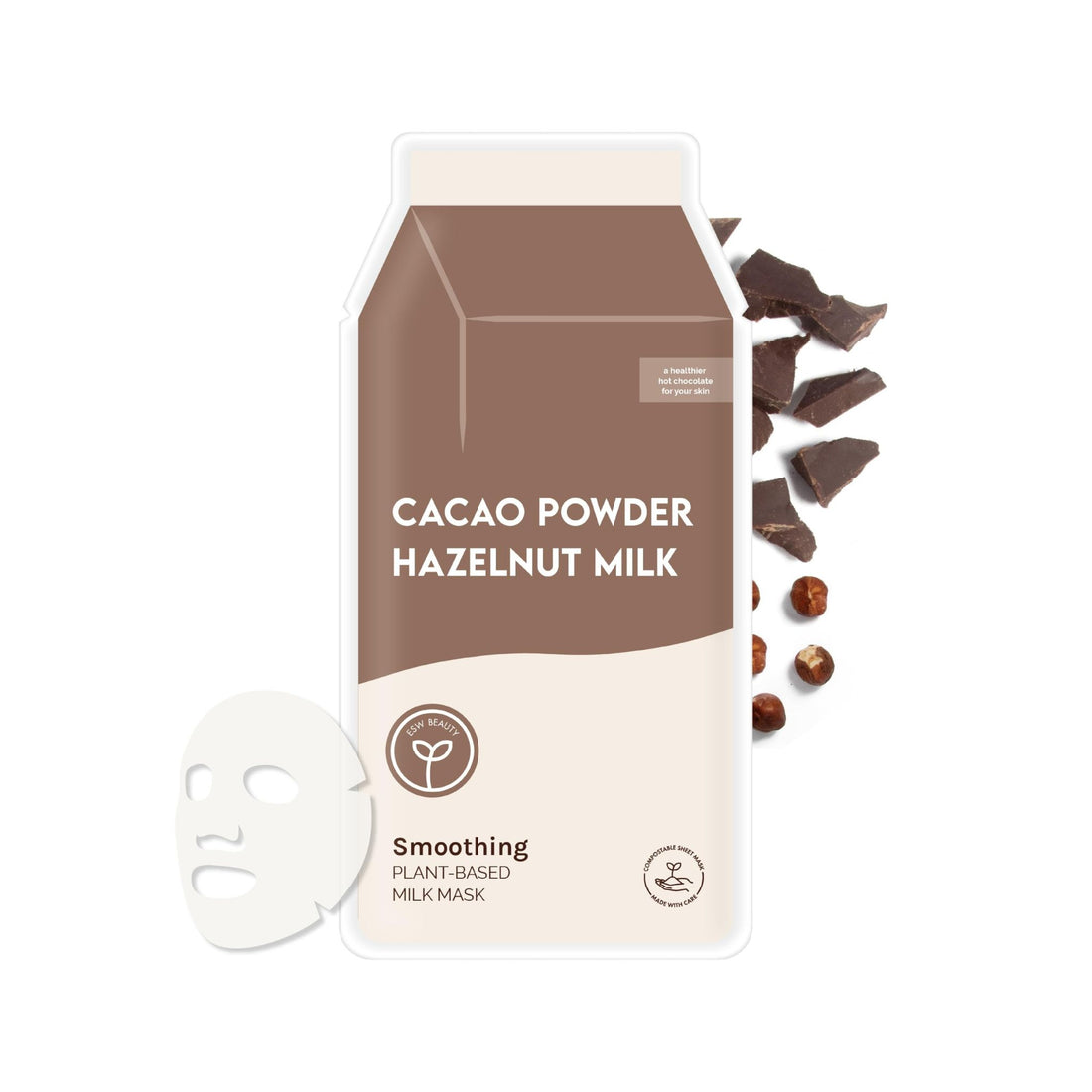Cacao Powder Hazelnut Milk smoothing milk mask in a milk carton-style package, shown with a white sheet mask and chocolate pieces on a light gray background.