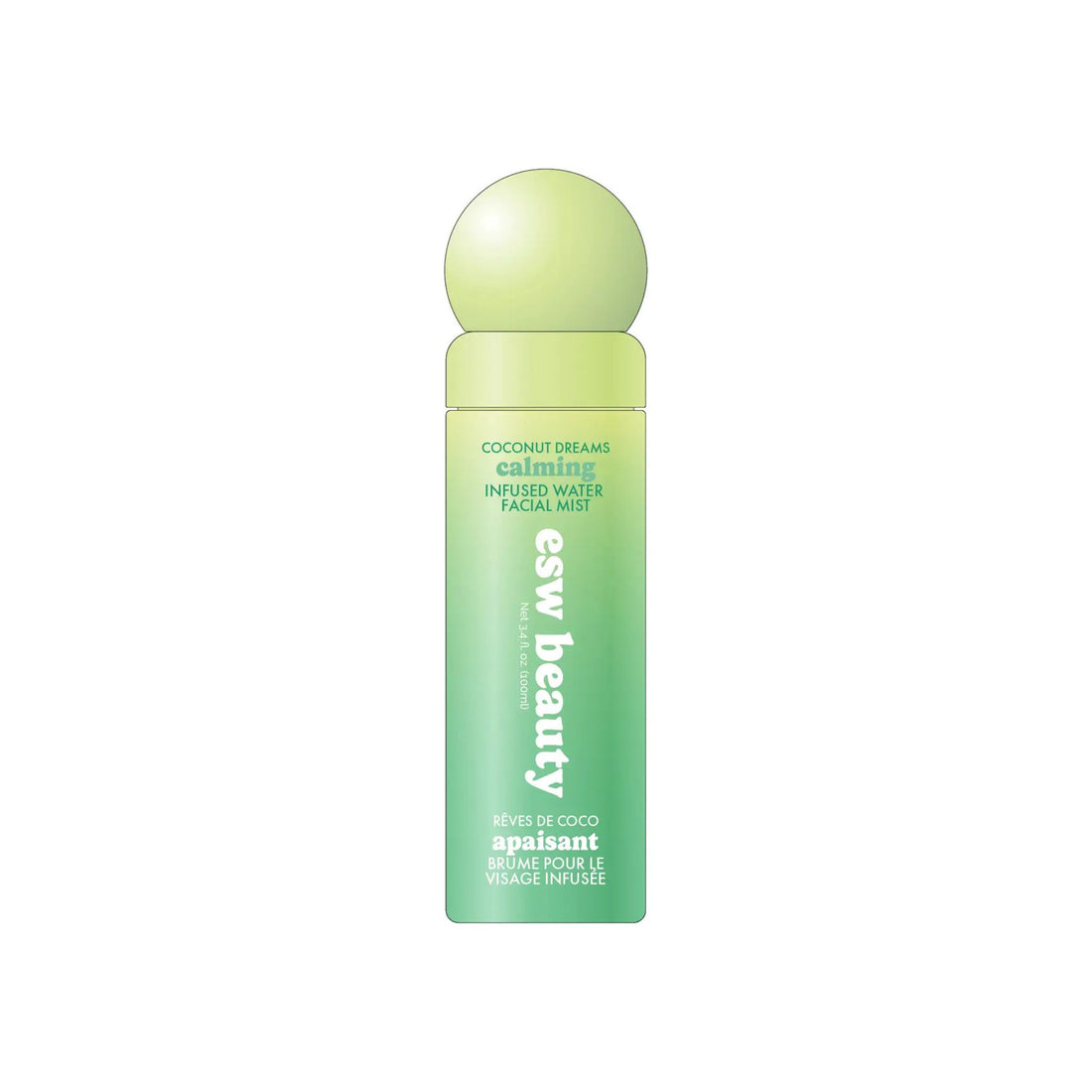 ESW Beauty Coconut Dreams Calming Infused Water Facial Mist from The Pharmacy Lab in a green ombré bottle on a white background.