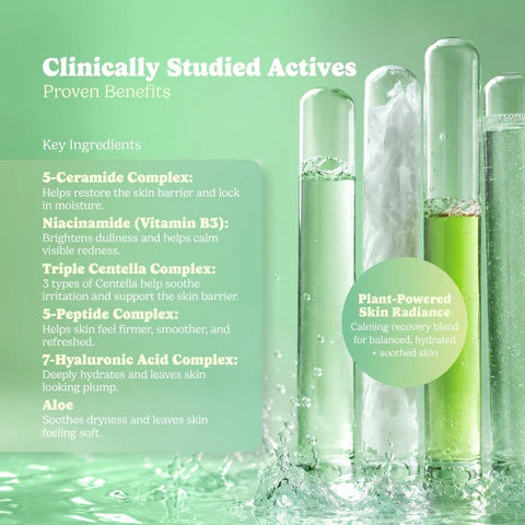 ESW Beauty Coconut Dreams Calming Infused Water Facial Mist ingredients graphic from The Pharmacy Lab highlighting ceramides, niacinamide, centella complex, peptides, hyaluronic acid, and aloe.