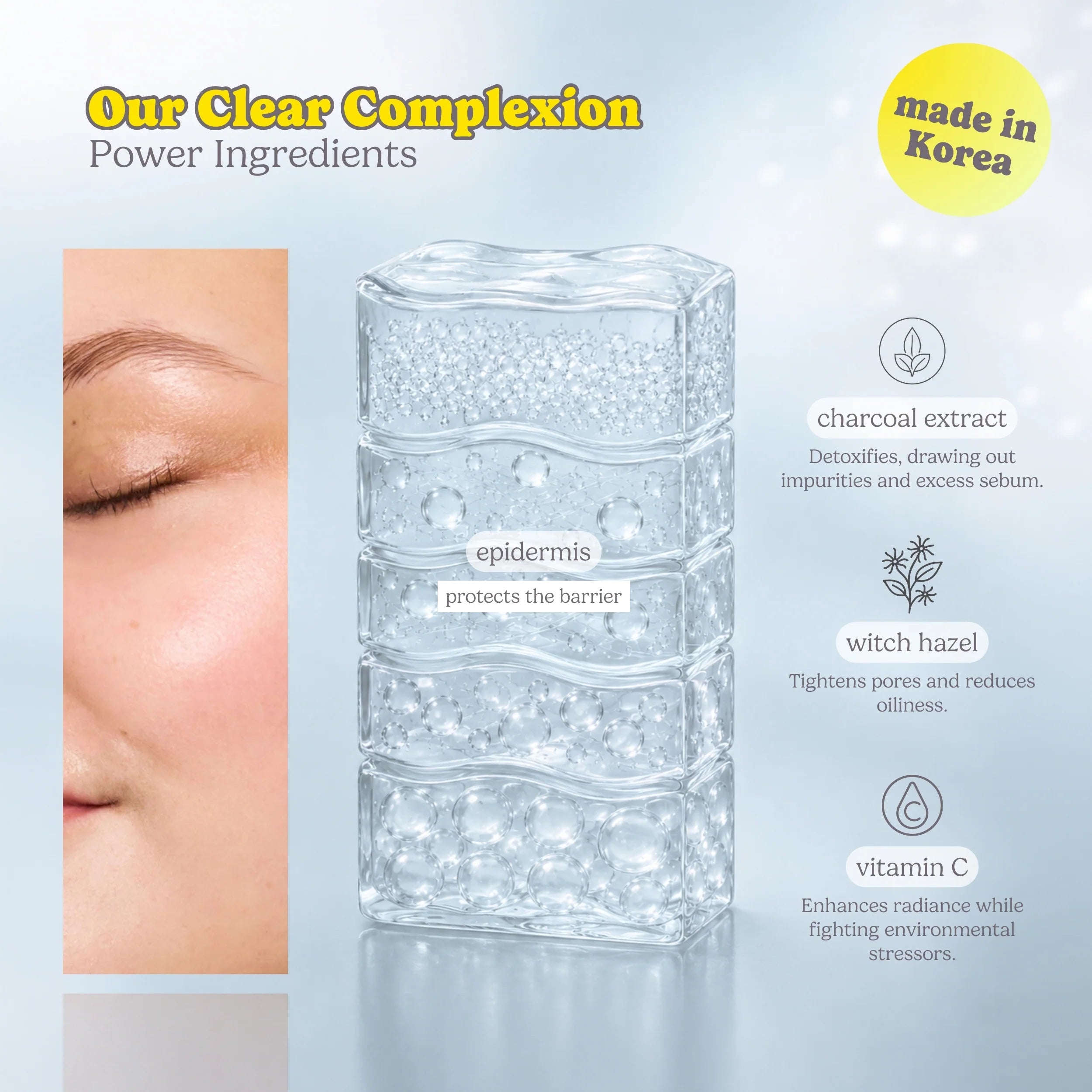 Skincare product with text detailing 'Our Clear Complexion Power Ingredients' and 'made in Korea'.