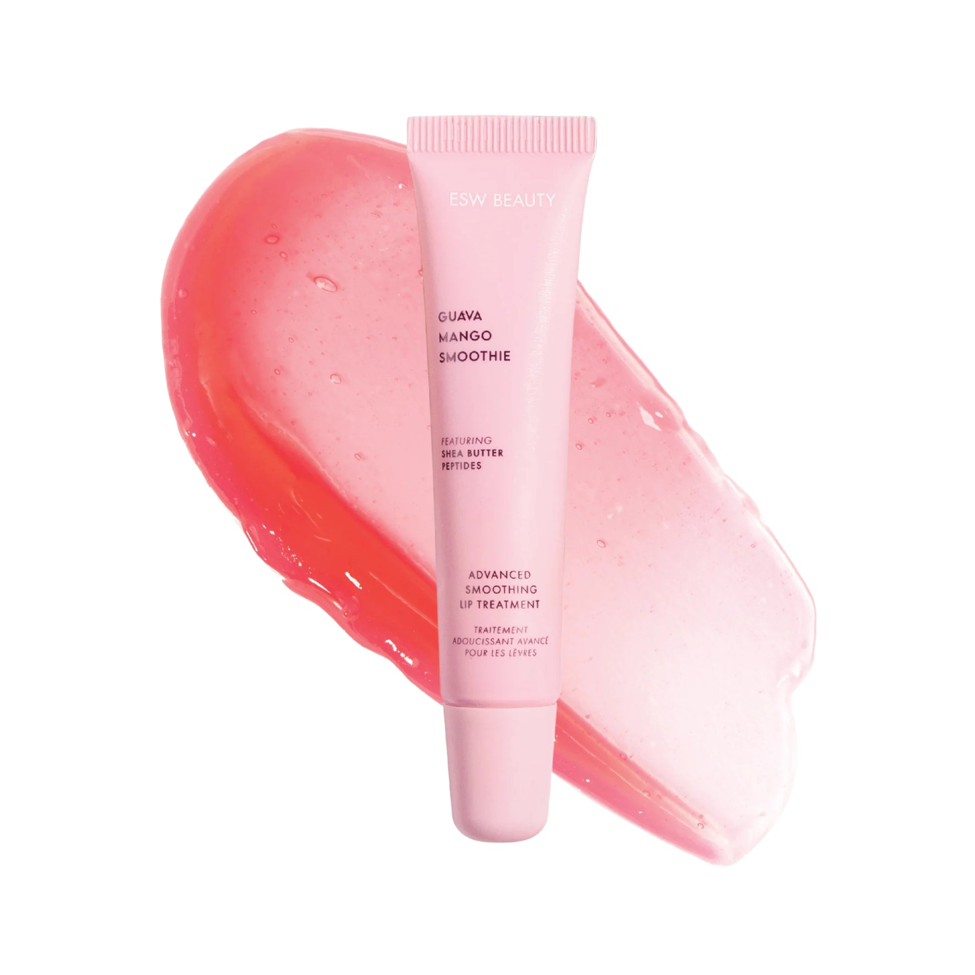 ESW Beauty Guava Mango Smoothie Lip Treatment tube with a glossy pink swatch in the background.