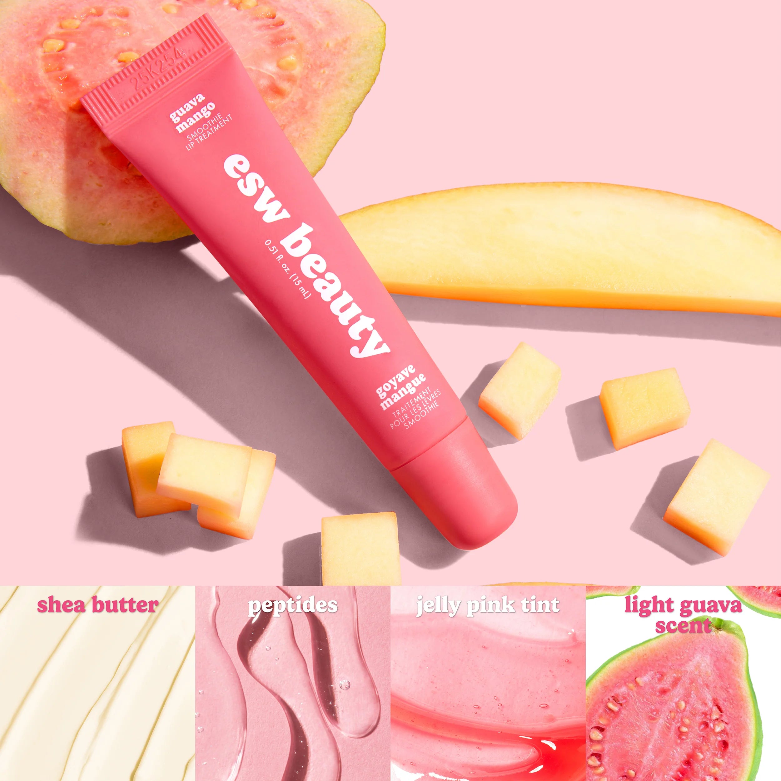 Pink tube of gsw beauty product with guava slices on a pink background