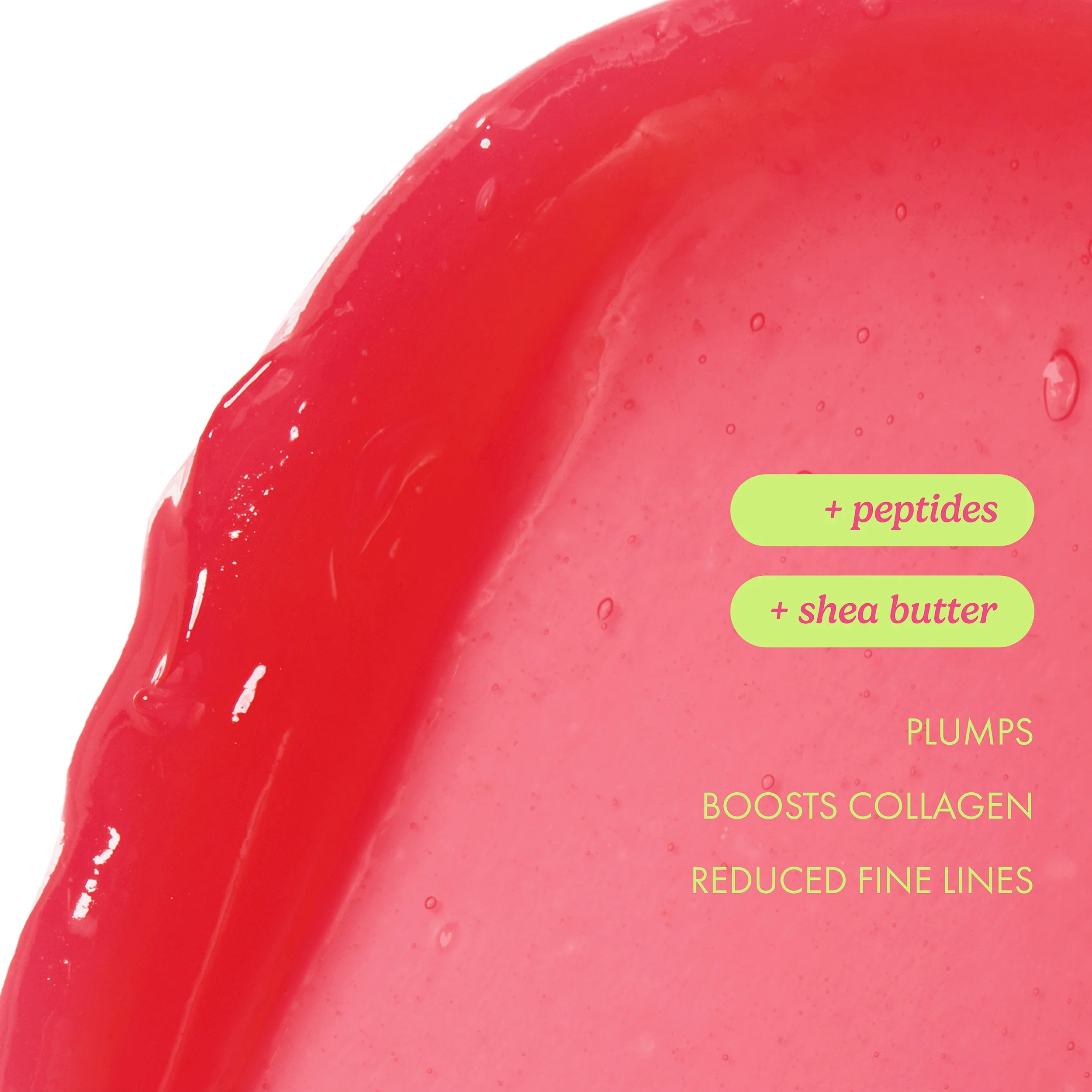 Close-up of a red gel with text highlighting ingredients and benefits on a white background