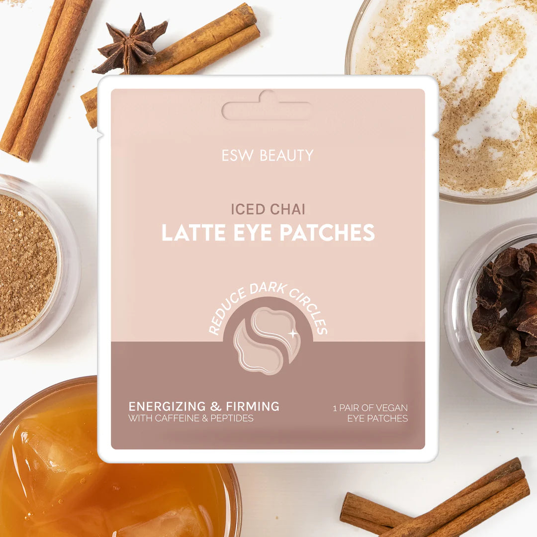 The Pharmacy Lab – ESW Beauty Iced Chai Latte Energizing & Firming Eye Patches styled with chai spices and iced latte inspiration