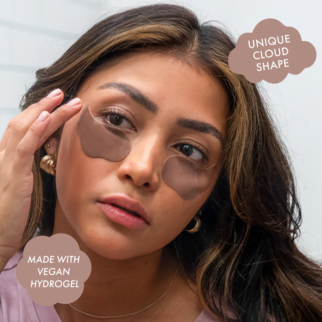 The Pharmacy Lab – Model wearing ESW Beauty Iced Chai Latte Eye Patches to depuff and brighten the under-eye area