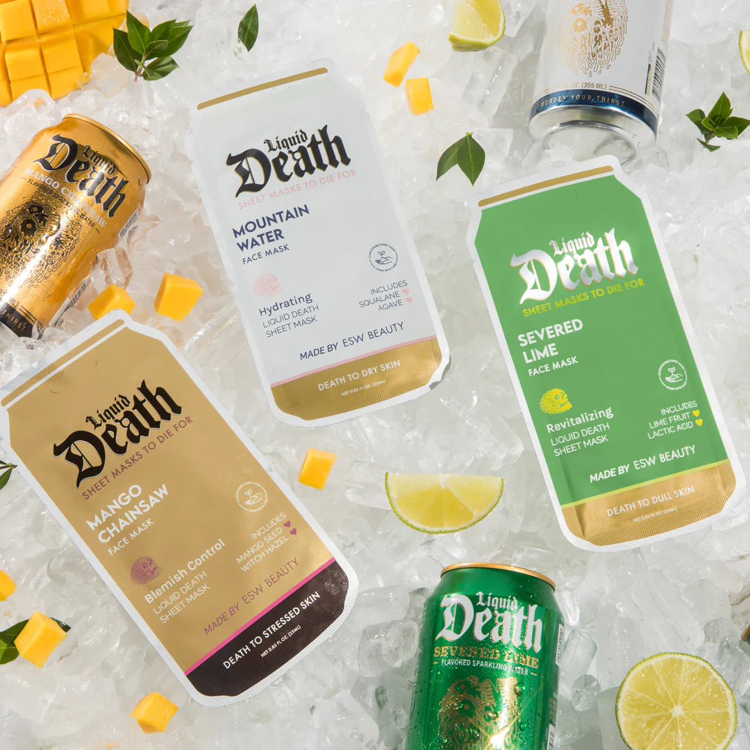 Liquid Death sheet masks displayed on ice for a refreshing skincare moment at The Pharmacy Lab