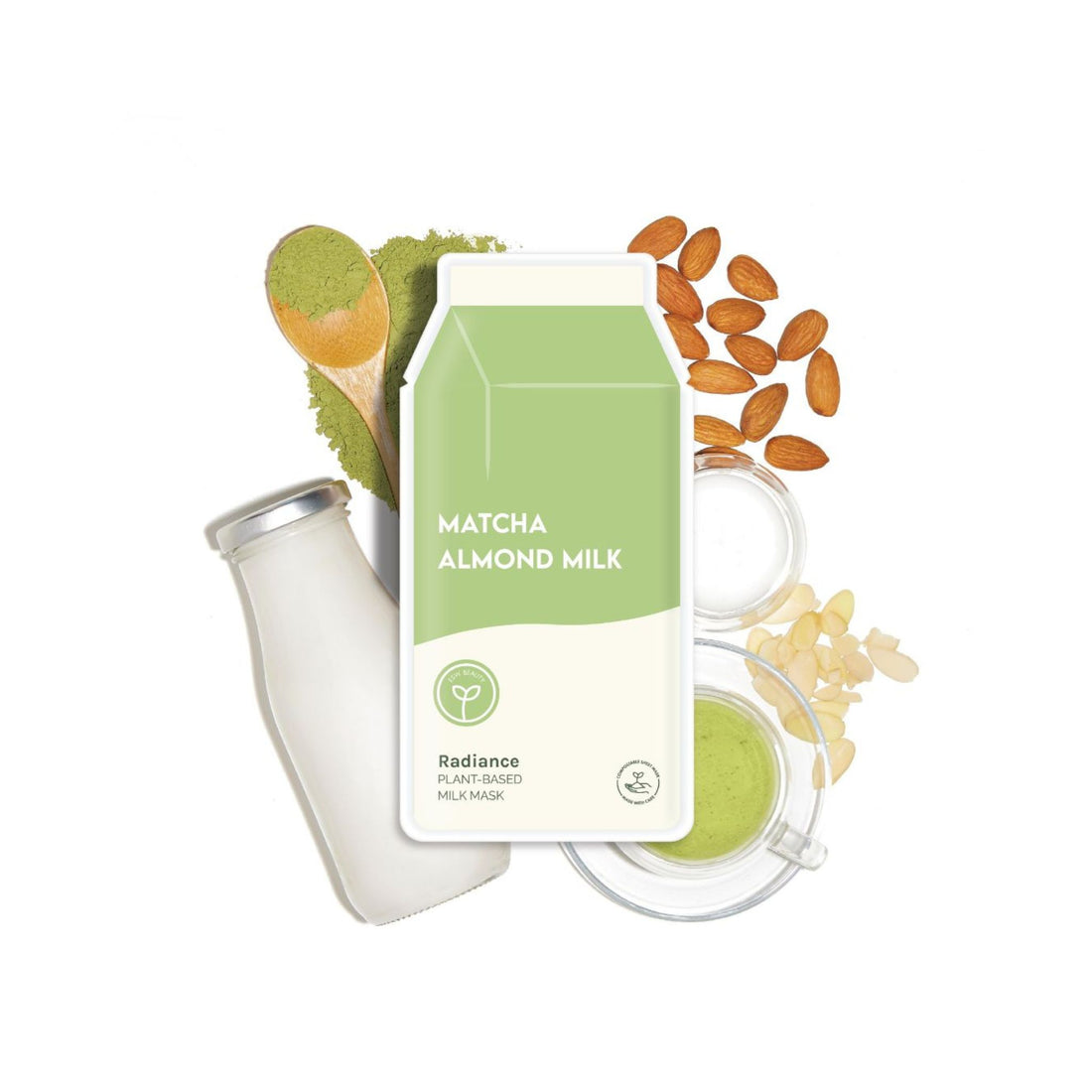 A matcha almond milk carton labeled 'Radiance' surrounded by ingredients including almonds, matcha powder, a spoonful of green powder, and a glass of the prepared drink on a white background.