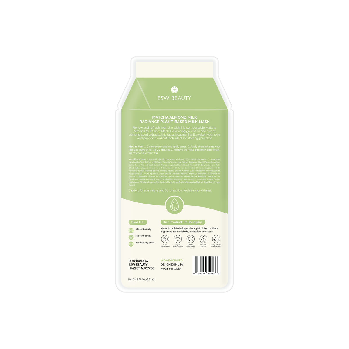 ESW Beauty mask packaging with green and white design on a white background