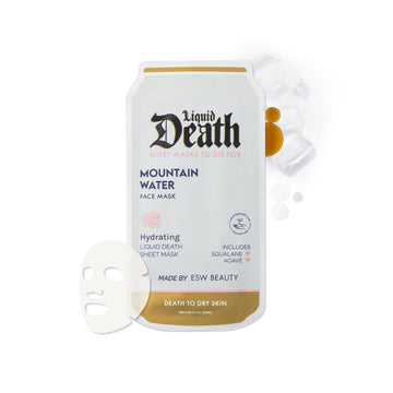 Sheet mask packaging with 'Liquid Death' branding on a white background