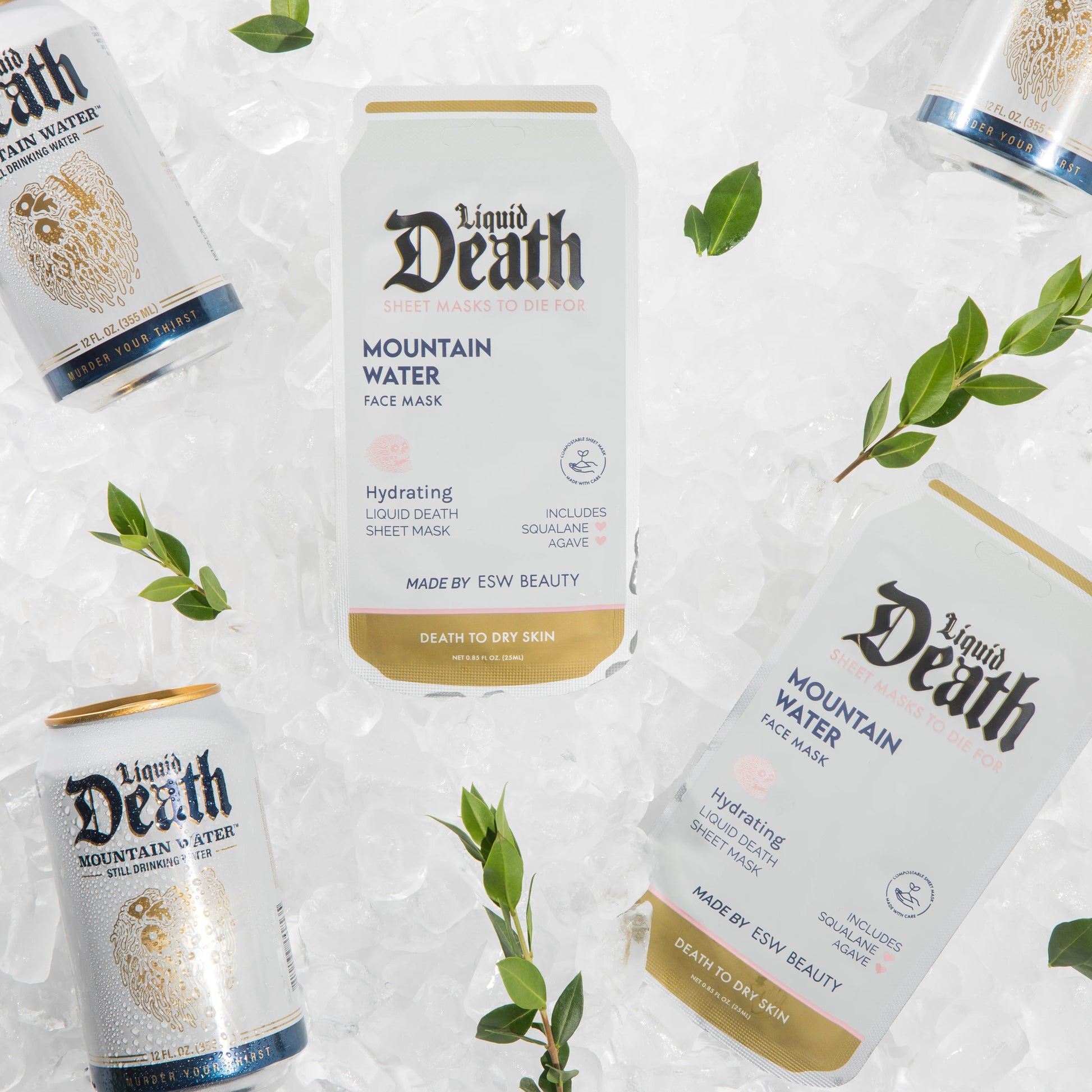 Liquid Death mountain water face mask packaging on a white background with green leaves.