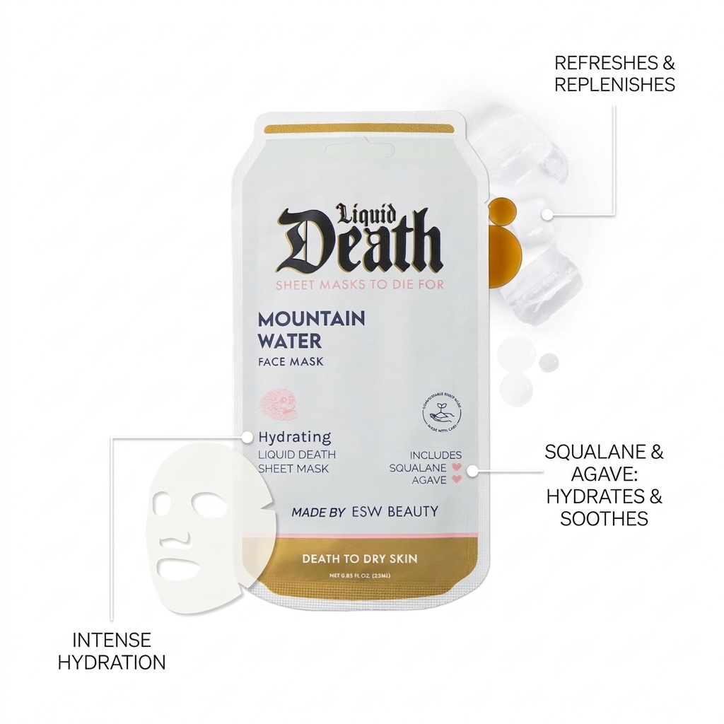 ESW Beauty Mountain Water Hydrating Liquid Death Face Mask from The Pharmacy Lab highlighting intense hydration, refreshing moisture, and soothing skincare benefits with squalane and agave.