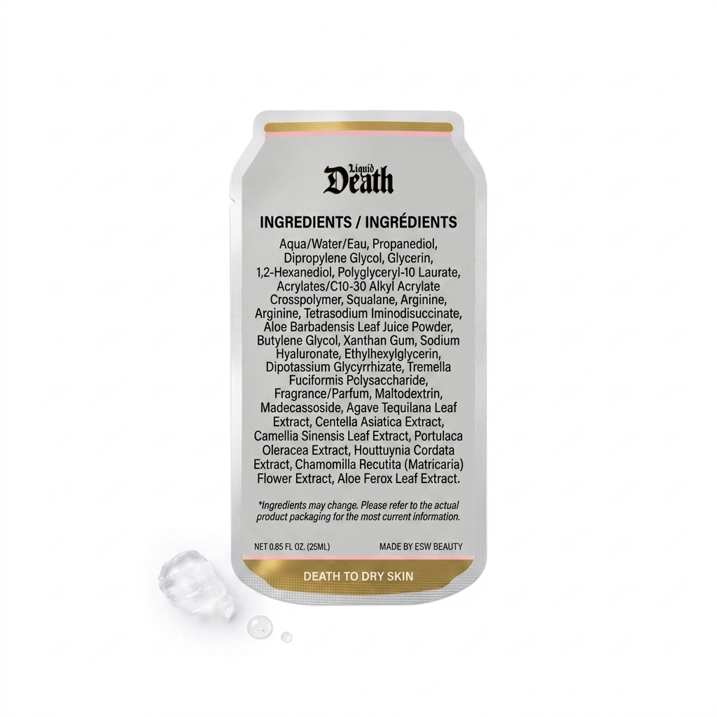 ESW Beauty Mountain Water Hydrating Liquid Death Face Mask from The Pharmacy Lab showing the ingredient list and formula details in can-inspired packaging.