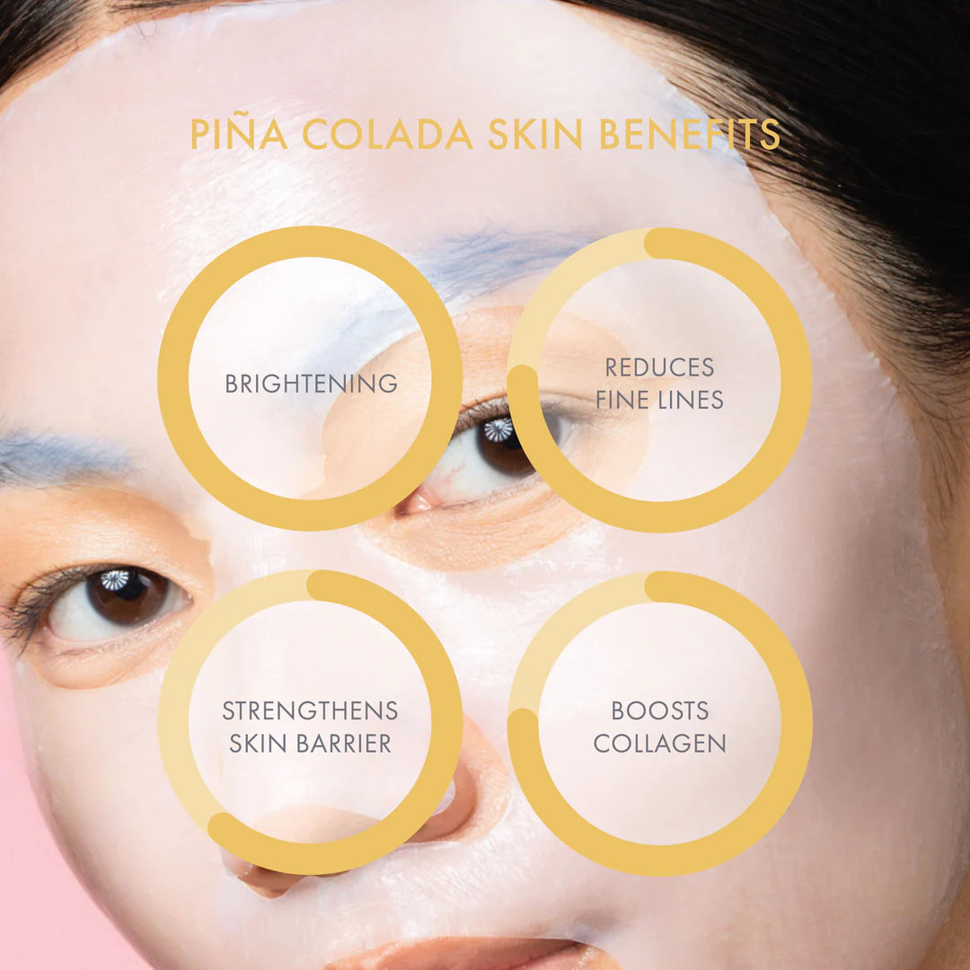 Skin benefits of ESW Beauty Piña Colada Revitalizing Biocellulose Mocktail Mask including brightening and collagen support at The Pharmacy Lab.