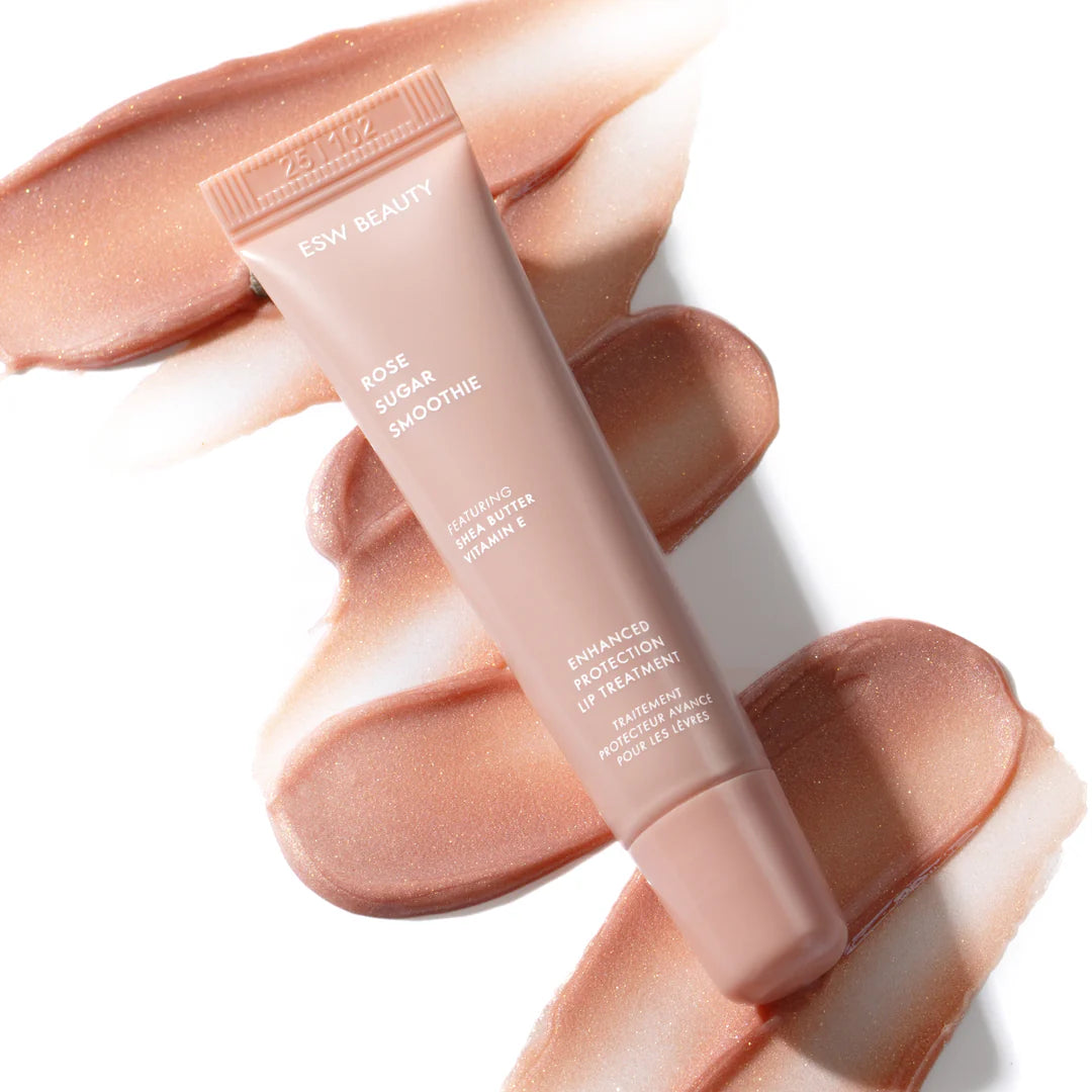 ESW Beauty Rose Sugar Enhanced Protection Smoothie Lip Treatment shown with shimmery rose texture, highlighting nourishing lip care at The Pharmacy Lab.