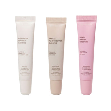 The Pharmacy Lab ESW Beauty Smoothie Lip Treatment Trio Kit featuring White Pitaya Coconut, Vanilla Almond Butter, and Guava Mango lip treatments