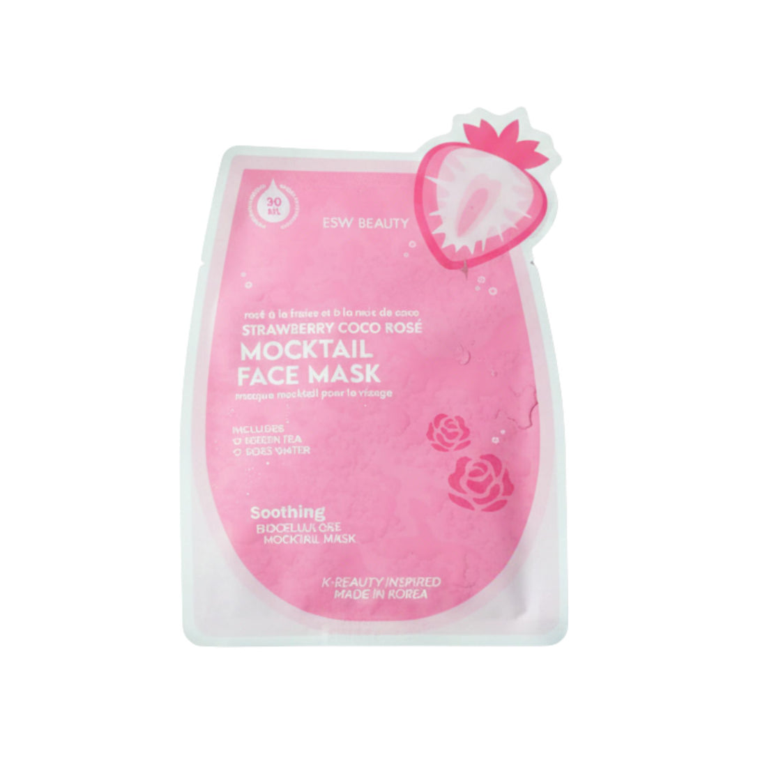The Pharmacy Lab featuring ESW Beauty Strawberry Coco Rosé Soothing Biocellulose Mocktail Mask, a pink vegan face mask designed to calm and hydrate sensitive skin.