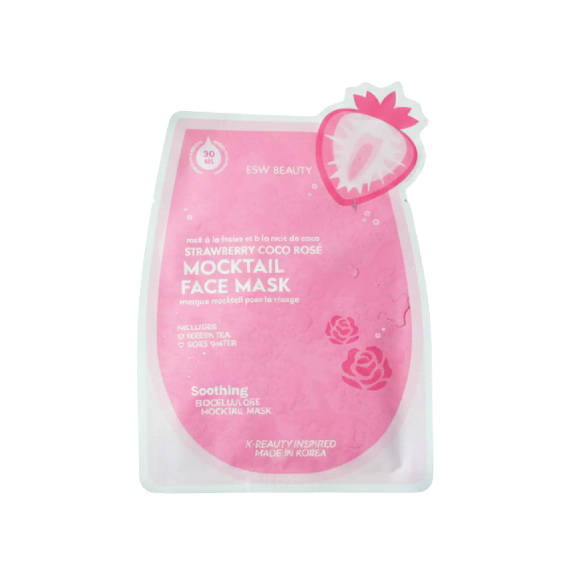 The Pharmacy Lab featuring ESW Beauty Strawberry Coco Rosé Soothing Biocellulose Mocktail Mask, a pink vegan face mask designed to calm and hydrate sensitive skin.