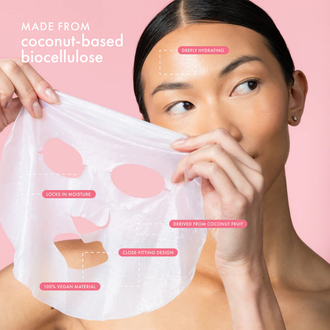 Close-up of coconut-based biocellulose sheet mask used in the ESW Beauty Strawberry Coco Rosé Soothing Biocellulose Mocktail Mask, available at The Pharmacy Lab.