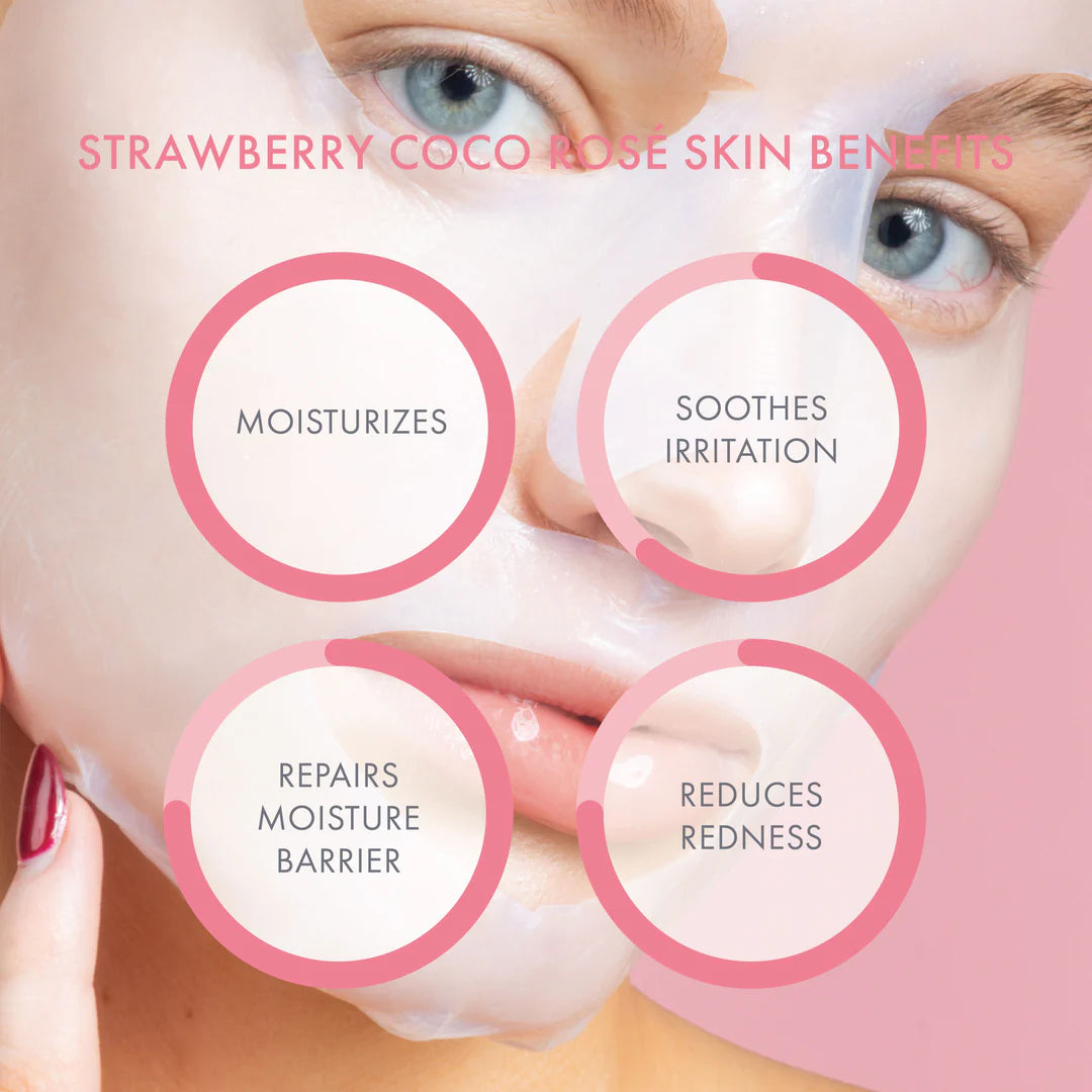 ESW Beauty Strawberry Coco Rosé Soothing Biocellulose Mocktail Mask skin benefits graphic highlighting moisturizing, soothing irritation, reducing redness, and repairing the skin barrier at The Pharmacy Lab.