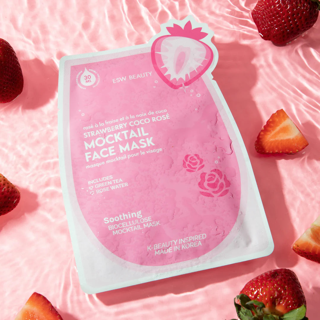 ESW Beauty Strawberry Coco Rosé Soothing Biocellulose Mocktail Mask styled with fresh strawberries and water, showcasing a soothing self-care ritual from The Pharmacy Lab.