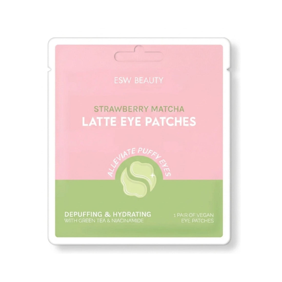 Alt text:
The Pharmacy Lab ESW Beauty Strawberry Matcha Latte Depuffing & Hydrating Eye Patches with green tea and niacinamide, vegan under-eye patches