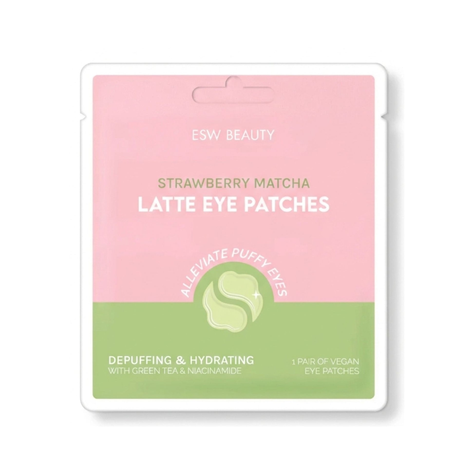 Alt text:
The Pharmacy Lab ESW Beauty Strawberry Matcha Latte Depuffing & Hydrating Eye Patches with green tea and niacinamide, vegan under-eye patches