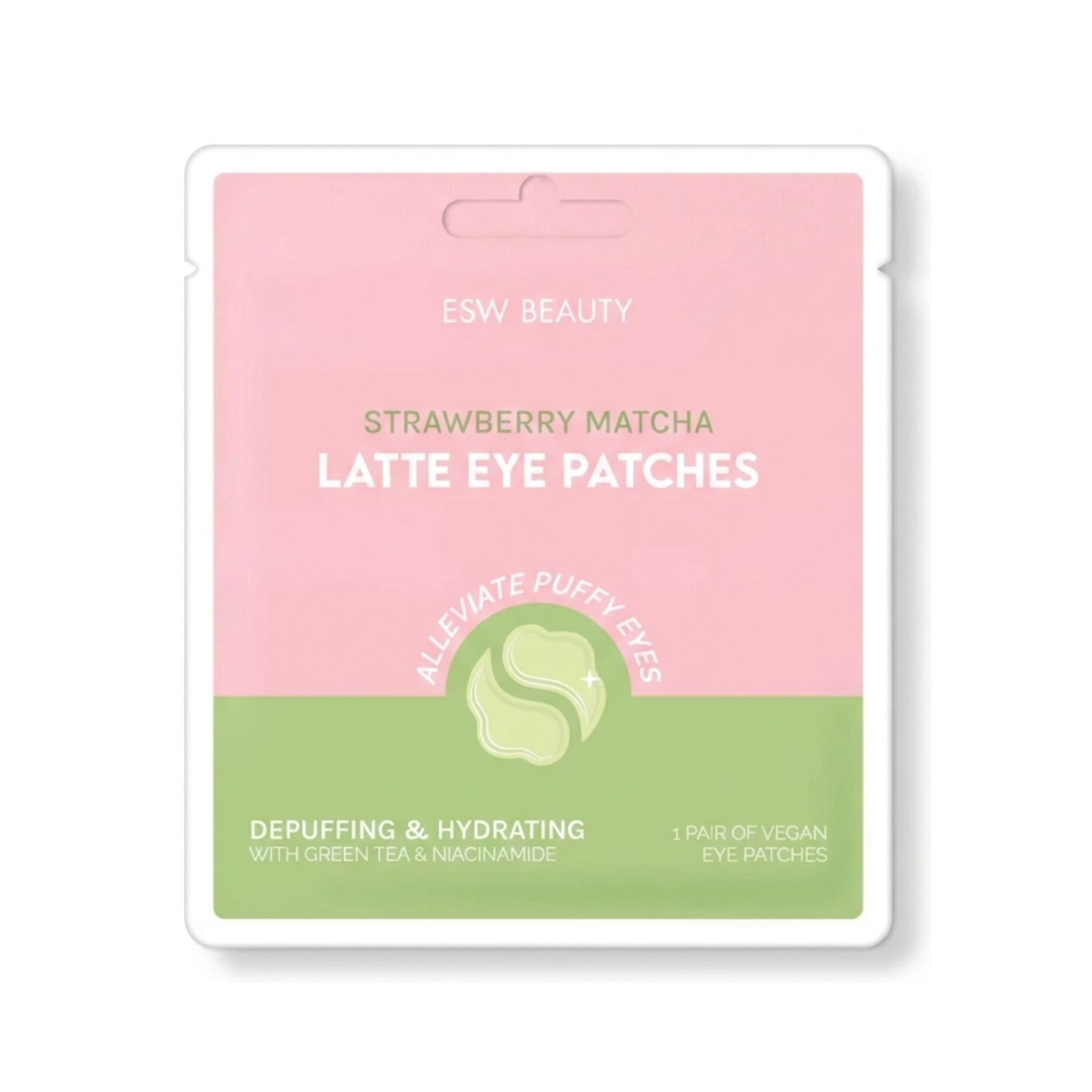 Alt text:
The Pharmacy Lab ESW Beauty Strawberry Matcha Latte Depuffing & Hydrating Eye Patches with green tea and niacinamide, vegan under-eye patches