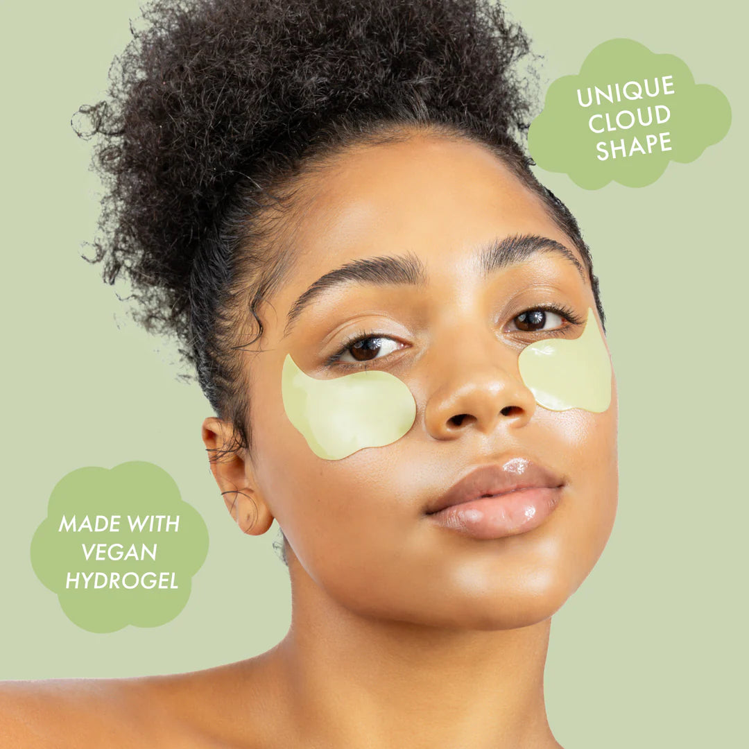 The Pharmacy Lab model wearing ESW Beauty Strawberry Matcha Latte Eye Patches, made with vegan hydrogel and unique cloud shape