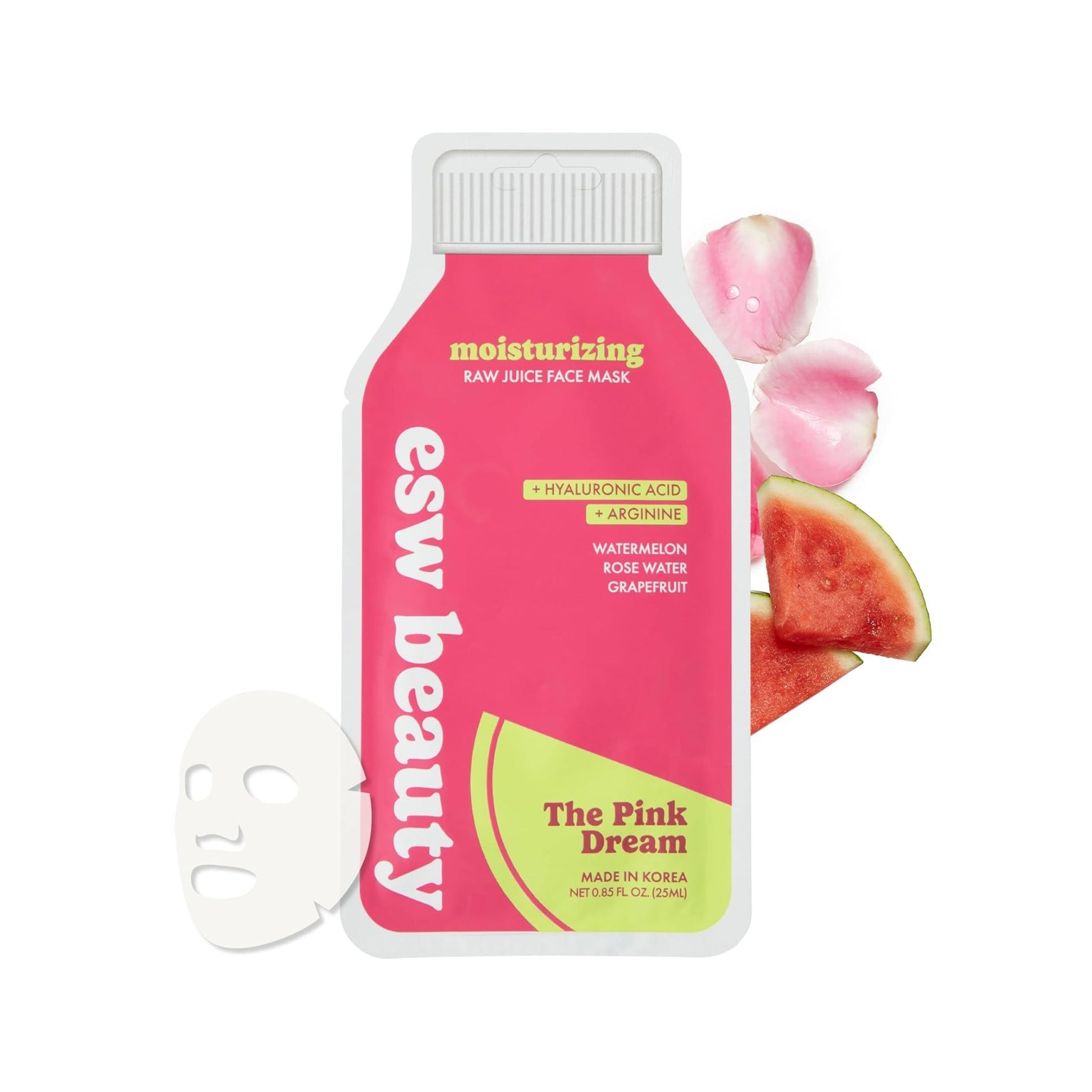 Esw Beauty The Pink Dream face mask packaging with watermelon slices and pink petals on a white background