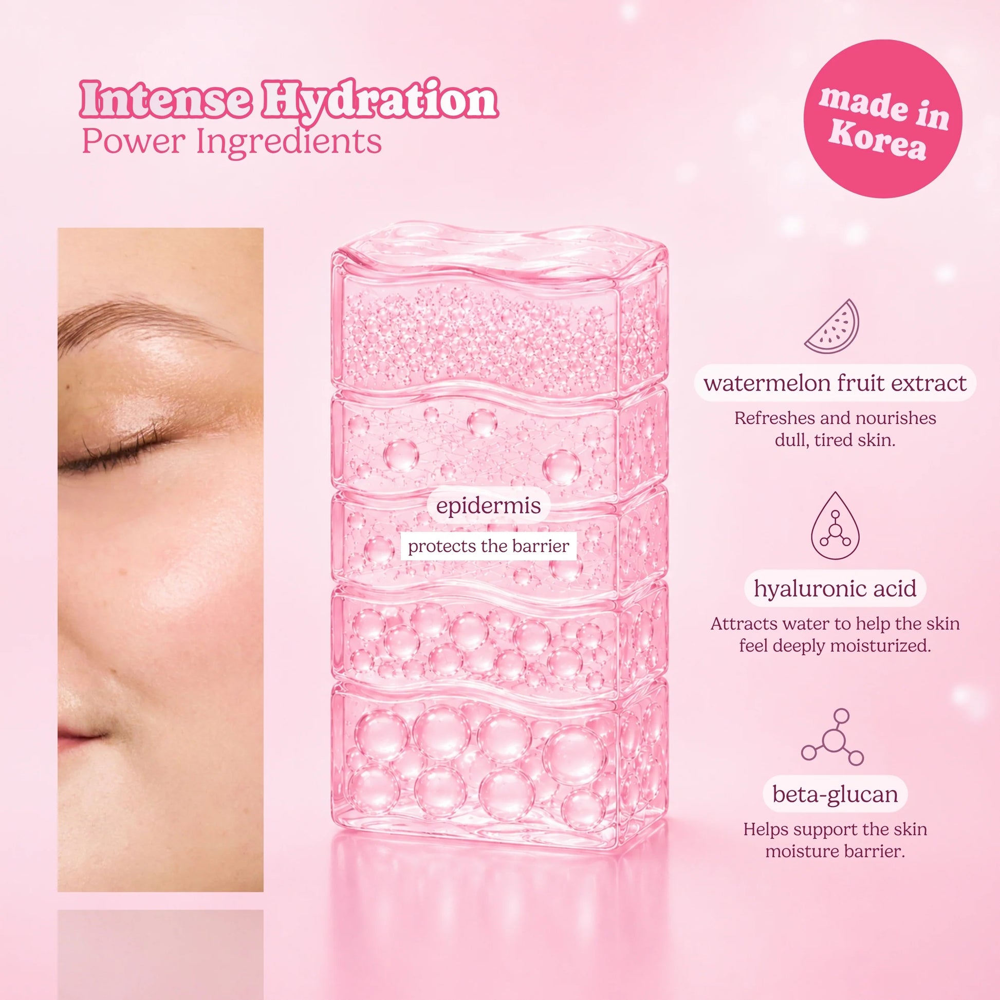 Product packaging with hydration benefits on a pink background
