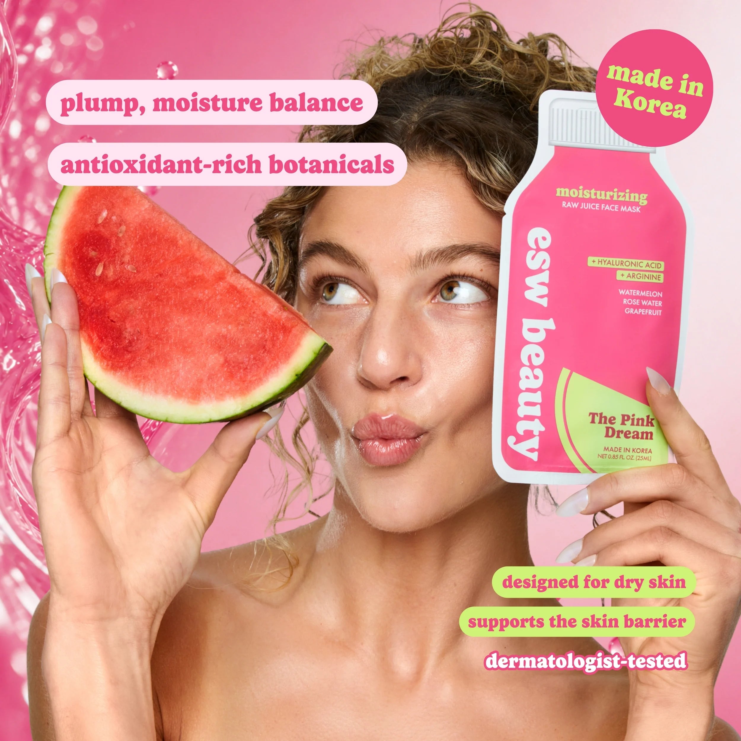 Woman holding a watermelon slice and a skincare product with text on a pink background