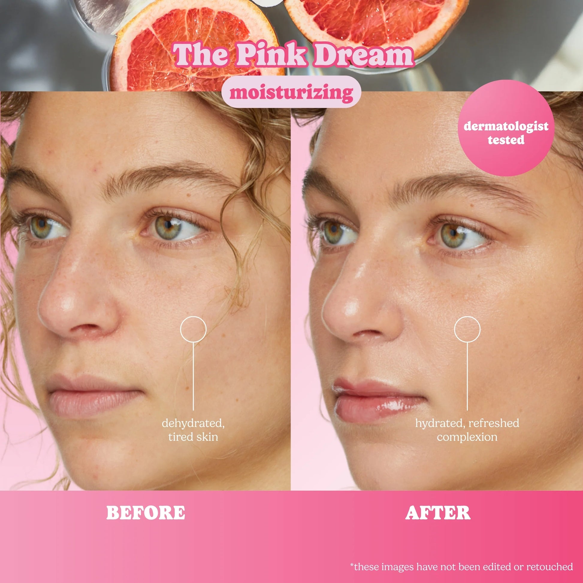 Before and after comparison of skin with 'The Pink Dream' moisturizing product on a pink background.